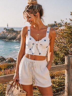 Jopna White Seashell Embroidered Crop Tank Top Small Coastal Beach Tie Front